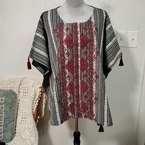 ANDREE BY UNIT Black and Red Striped Poncho Tunic Boho Textured Embroidery Large